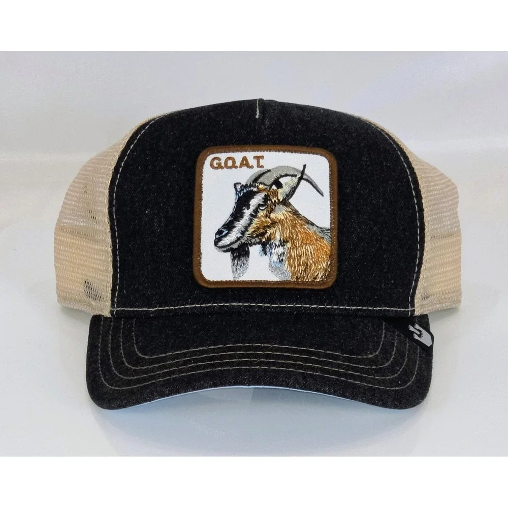Goorin Bros Trucker Hat GOAT Black Denim Brim Tan Mesh Snapback New W/ Tag
